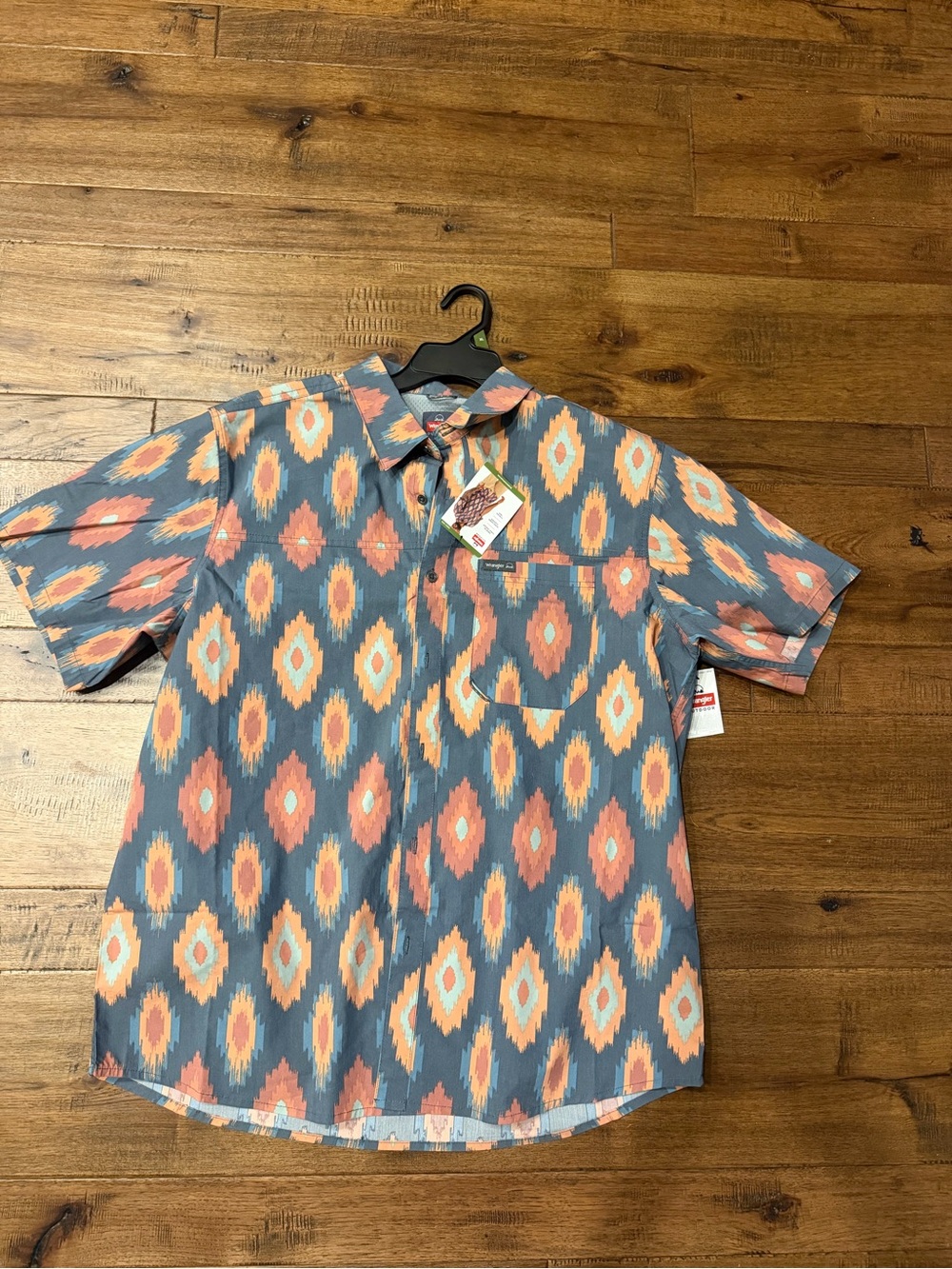 Wrangler Short-Sleeve Button-Down Shirt in Blue and Coral Ikat